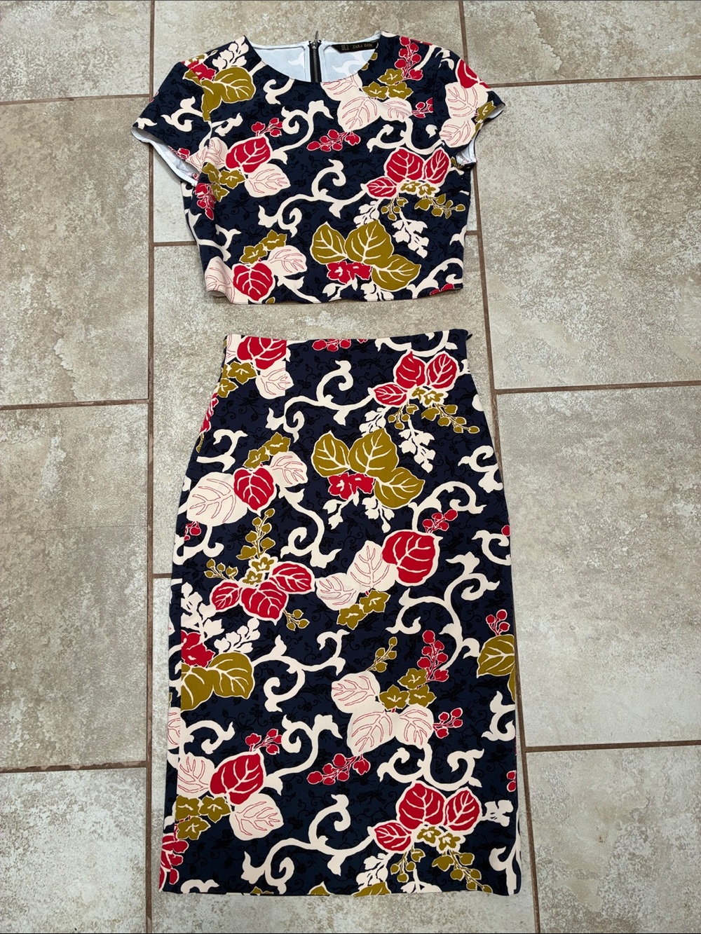 Zara Navy Floral Crop Top & Pencil Skirt Set with Red and Olive Accents